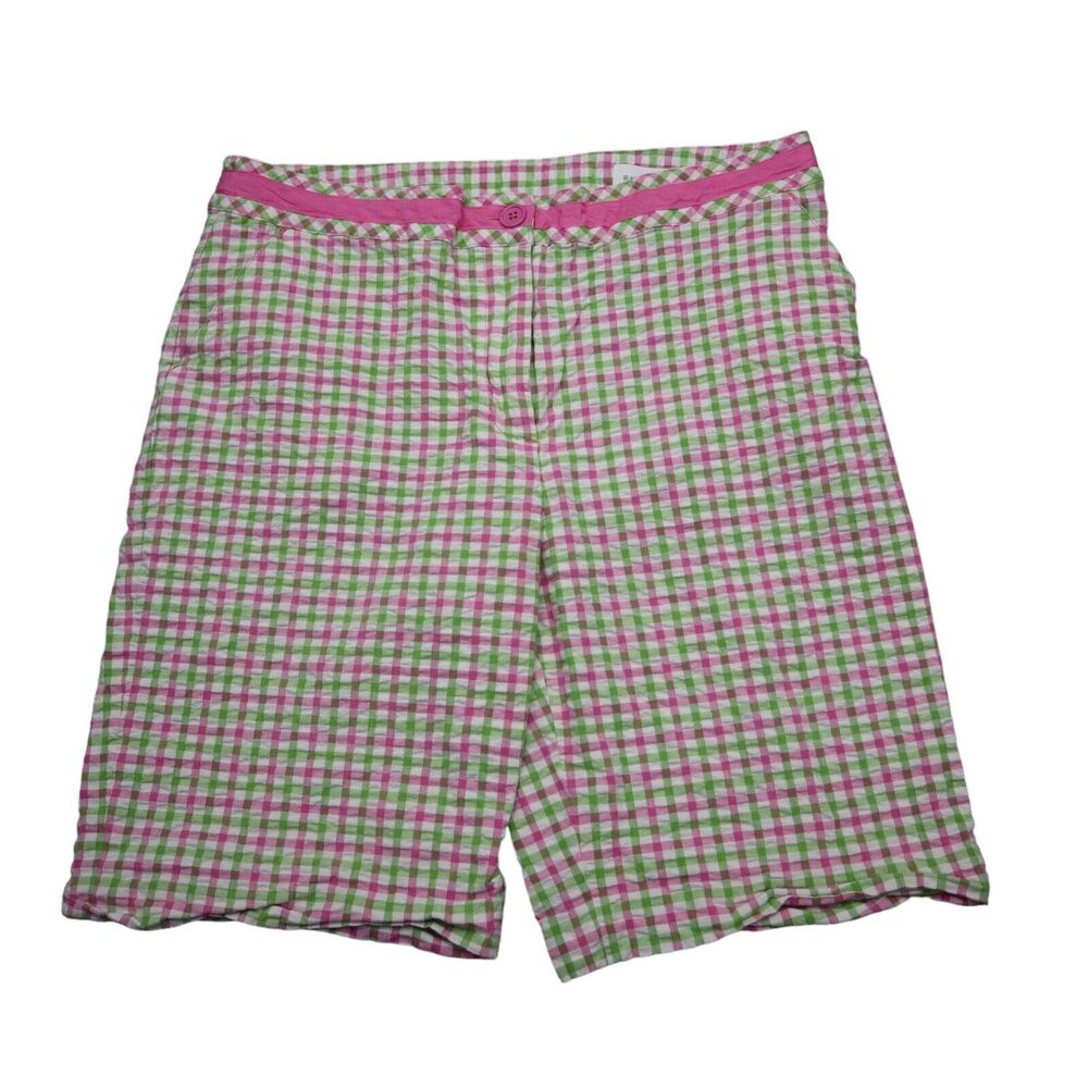 EP Pro Shorts Womens 10 Pink Green Flat Front High Rise Check Bermuda Bottoms